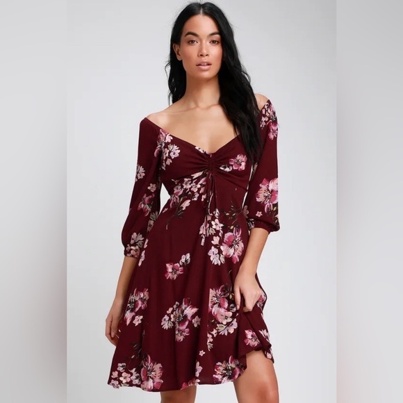 The Lulus Ardleigh Burgundy Floral Print Off-the-Shoulder Dress M 3/4 sleeve EUC - Picture 7 of 11